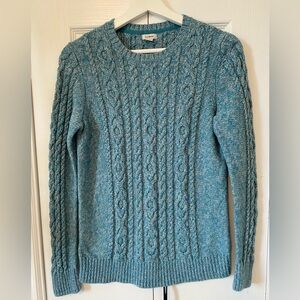 L.L. Bean Women’s Double L Cable Sweater Crewneck Fisherman Knit Teal Grey Med